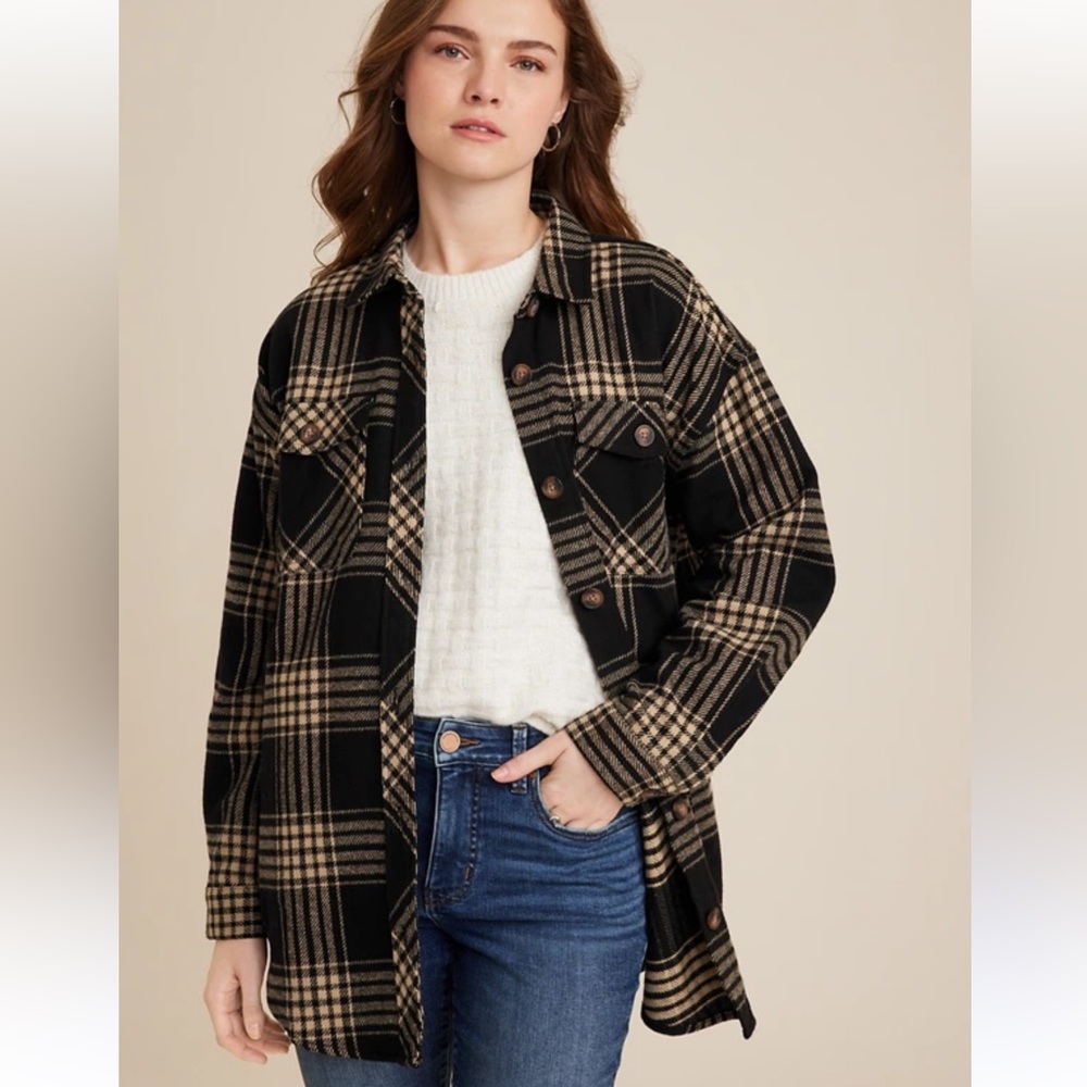 Maurices Black and Tan Plaid Twill Flannel Shacket Utility Jacket With Pocket
